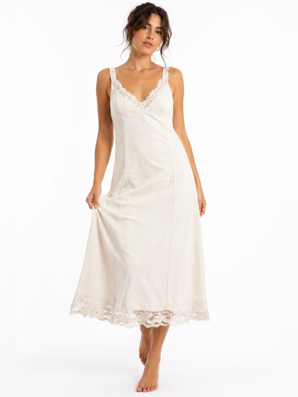 70s/80s European Vintage Silky Lace Trim Midi Slip Dress (Ivory) Size S/M